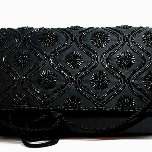 Carla Marchi Evening Purse/Clutch Black Satin Crossbody Hand-Beaded - Picture 8 of 10